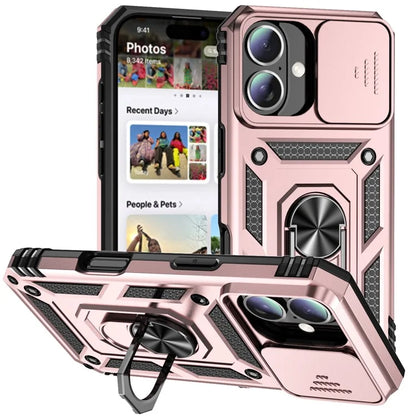 For iPhone 16 Case Ring Holder Kickstand Camshield PC+TPU Phone Cover