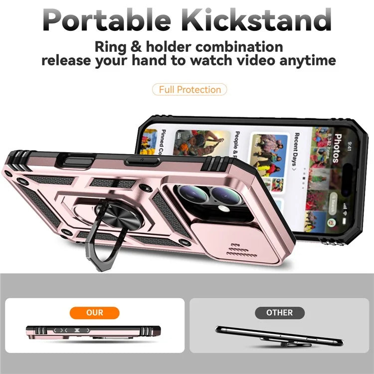 For iPhone 16 Case Ring Holder Kickstand Camshield PC+TPU Phone Cover