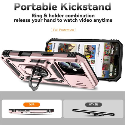 For iPhone 16 Case Ring Holder Kickstand Camshield PC+TPU Phone Cover