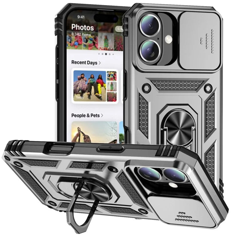 For iPhone 16 Case Ring Holder Kickstand Camshield PC+TPU Phone Cover