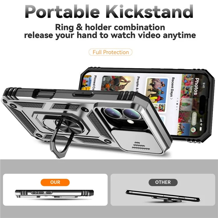 For iPhone 16 Case Ring Holder Kickstand Camshield PC+TPU Phone Cover