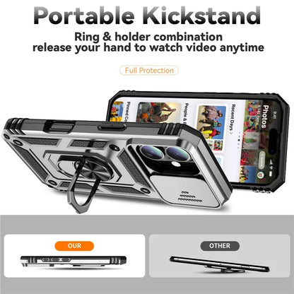 For iPhone 16 Case Ring Holder Kickstand Camshield PC+TPU Phone Cover