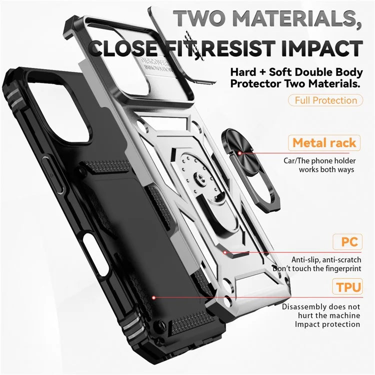For iPhone 16 Case Ring Holder Kickstand Camshield PC+TPU Phone Cover