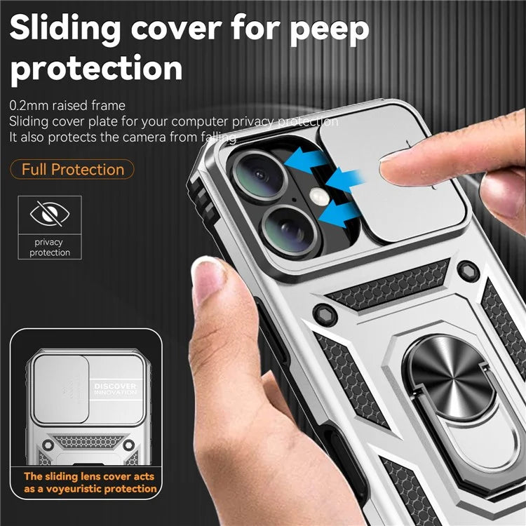 For iPhone 16 Case Ring Holder Kickstand Camshield PC+TPU Phone Cover