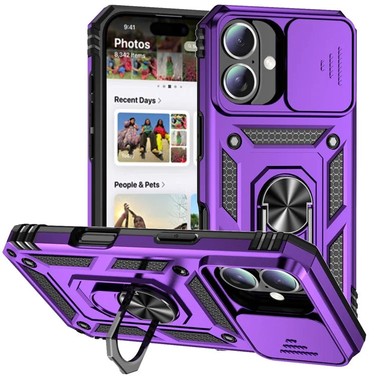 For iPhone 16 Case Ring Holder Kickstand Camshield PC+TPU Phone Cover