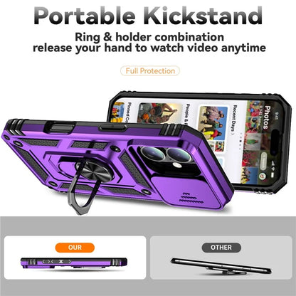 For iPhone 16 Case Ring Holder Kickstand Camshield PC+TPU Phone Cover
