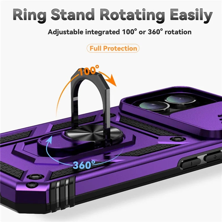 For iPhone 16 Case Ring Holder Kickstand Camshield PC+TPU Phone Cover