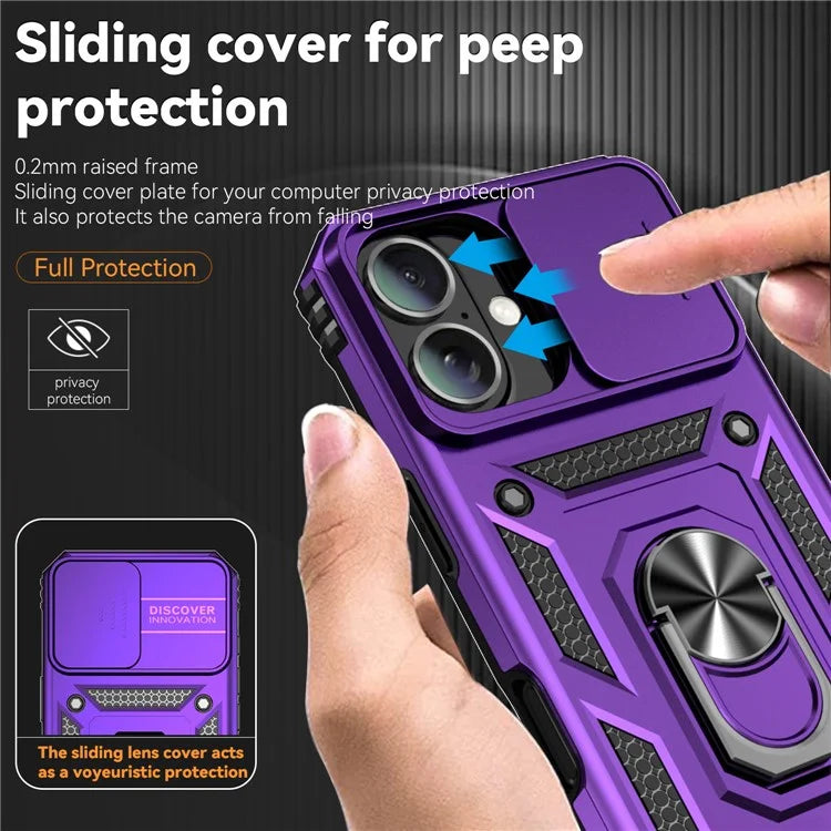 For iPhone 16 Case Ring Holder Kickstand Camshield PC+TPU Phone Cover