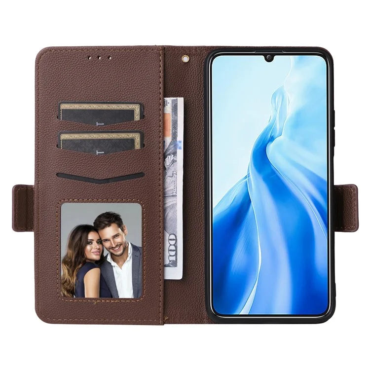 For Oukitel C51 Case with Hand Strap Litchi Texture Leather Phone Cover