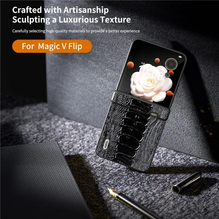 ABEEL For Honor Magic V Flip 5G Case Genuine Cow Leather+PC Cover Hinge Protection
