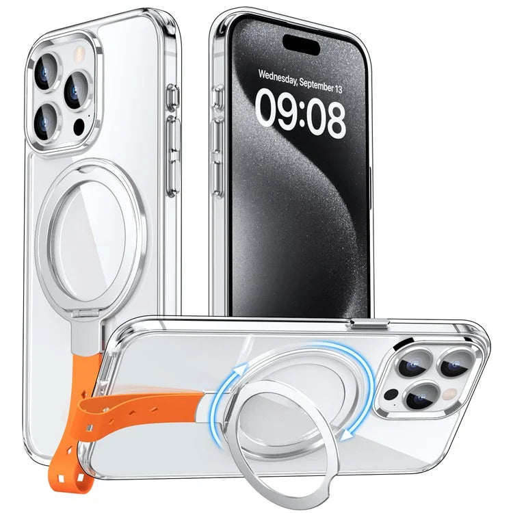 For iPhone 15 Pro Case Magnetic Clear PC Hard Phone Cover Rotatable Ring Kickstand