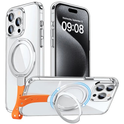 For iPhone 15 Pro Case Magnetic Clear PC Hard Phone Cover Rotatable Ring Kickstand