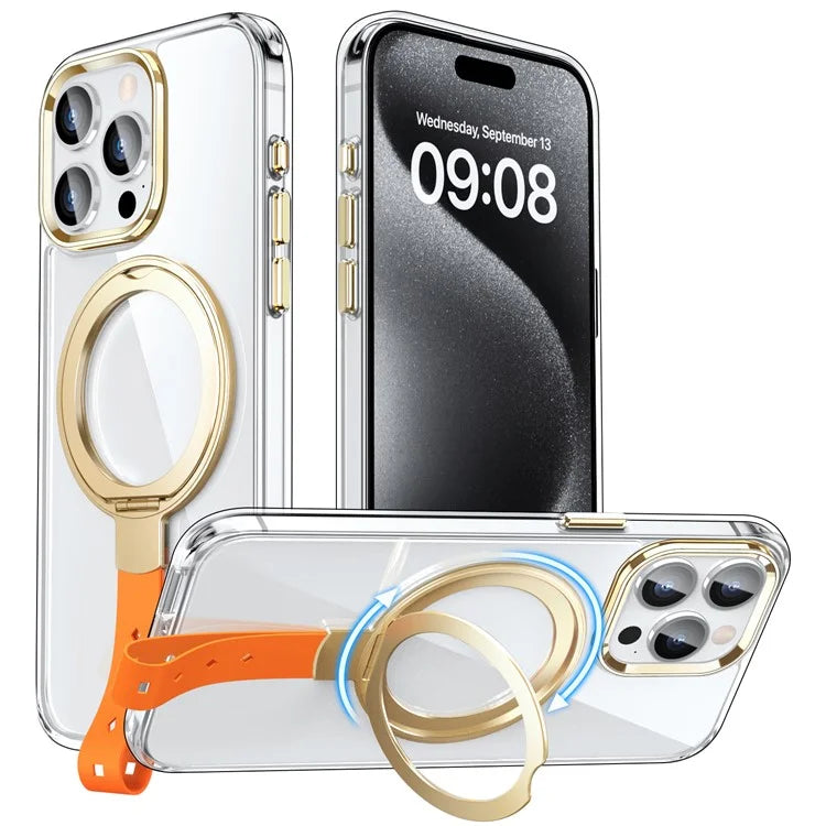 For iPhone 15 Pro Case Magnetic Clear PC Hard Phone Cover Rotatable Ring Kickstand