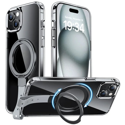 For iPhone 15 Plus Magnetic Case Clear PC Shockproof Phone Cover Grip Kickstand