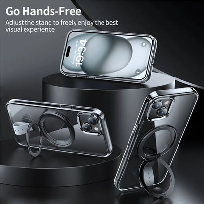 For iPhone 15 Plus Magnetic Case Clear PC Shockproof Phone Cover Grip Kickstand