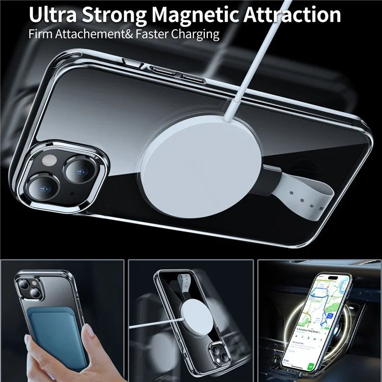 For iPhone 15 Plus Magnetic Case Clear PC Shockproof Phone Cover Grip Kickstand