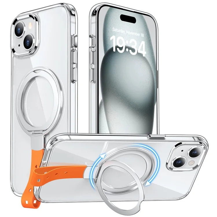 For iPhone 15 Plus Magnetic Case Clear PC Shockproof Phone Cover Grip Kickstand
