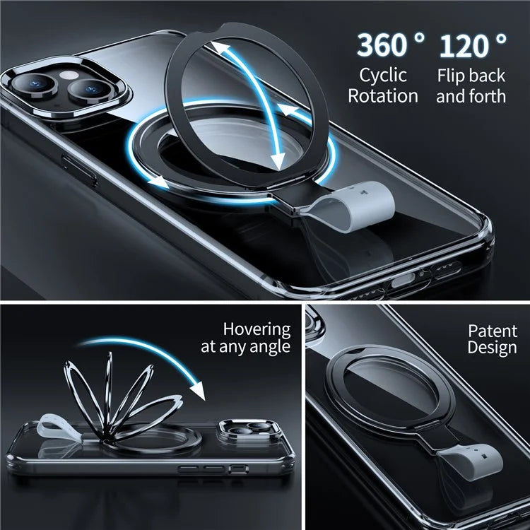 For iPhone 15 Plus Magnetic Case Clear PC Shockproof Phone Cover Grip Kickstand
