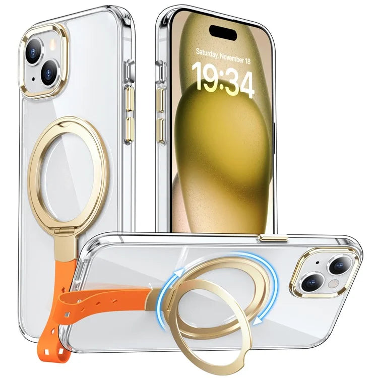 For iPhone 15 Plus Magnetic Case Clear PC Shockproof Phone Cover Grip Kickstand