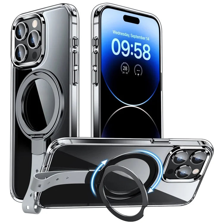 For iPhone 14 Pro Max Magnetic Case Clear PC Hard Phone Cover Rotatable Grip Holder