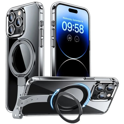 For iPhone 14 Pro Max Magnetic Case Clear PC Hard Phone Cover Rotatable Grip Holder