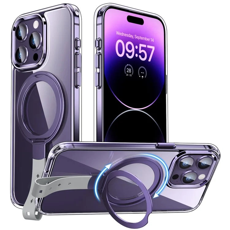For iPhone 14 Pro Max Magnetic Case Clear PC Hard Phone Cover Rotatable Grip Holder