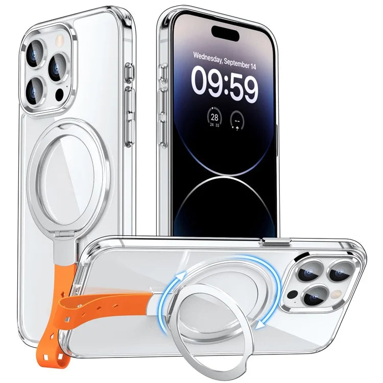 For iPhone 14 Pro Max Magnetic Case Clear PC Hard Phone Cover Rotatable Grip Holder