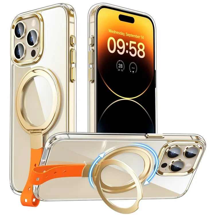 For iPhone 14 Pro Max Magnetic Case Clear PC Hard Phone Cover Rotatable Grip Holder