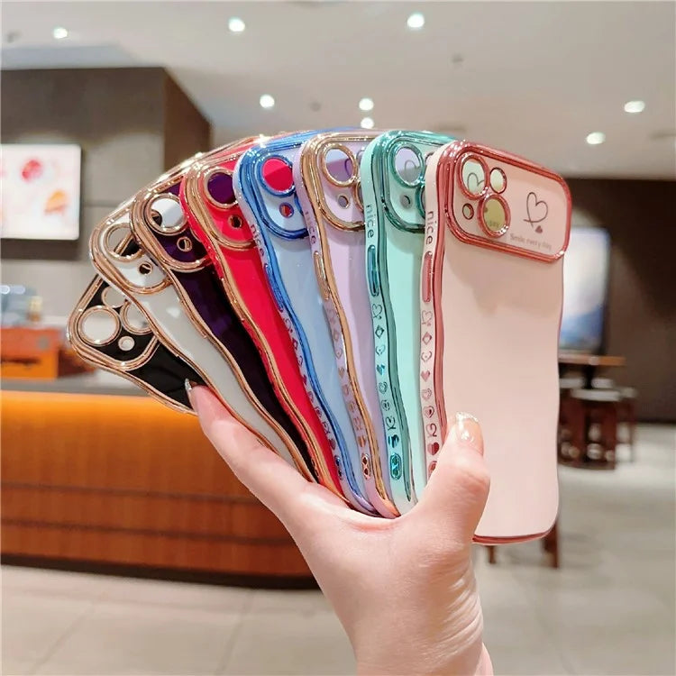 For iPhone 15 Plus Case Wave Frame with Love Heart Raised Camera Protection TPU Cover