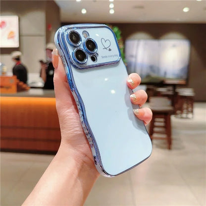 For iPhone 15 Pro Max Case Wave Frame with Love Heart Raised Camera Protection TPU Cover