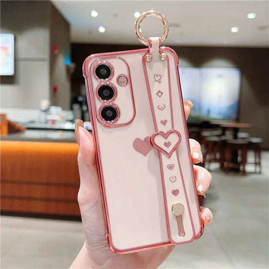 For Samsung Galaxy S24 Case TPU Phone Cover Electroplate Heart Design with Wristband