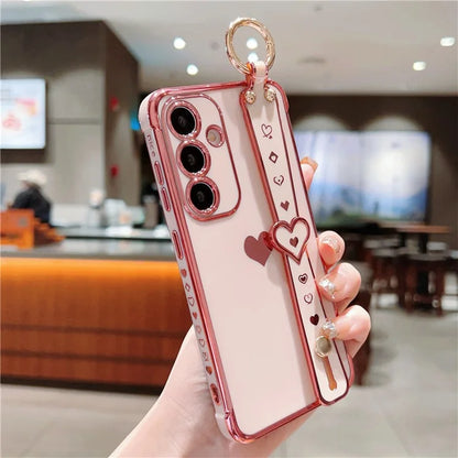 For Samsung Galaxy S24 Case TPU Phone Cover Electroplate Heart Design with Wristband