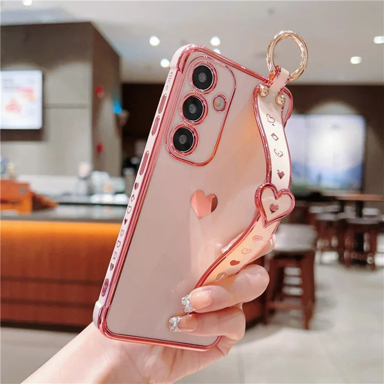 For Samsung Galaxy S24 Case TPU Phone Cover Electroplate Heart Design with Wristband