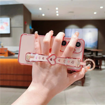 For Samsung Galaxy S24 Case TPU Phone Cover Electroplate Heart Design with Wristband