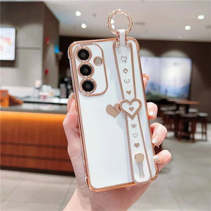 For Samsung Galaxy S24 Case TPU Phone Cover Electroplate Heart Design with Wristband