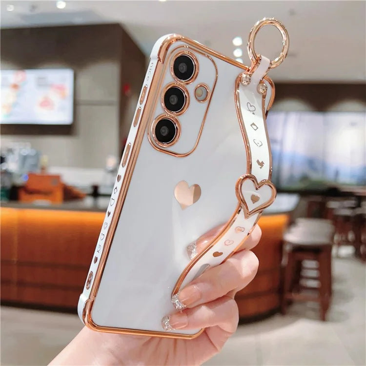For Samsung Galaxy S24 Case TPU Phone Cover Electroplate Heart Design with Wristband