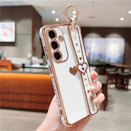 For Samsung Galaxy S24 Case TPU Phone Cover Electroplate Heart Design with Wristband