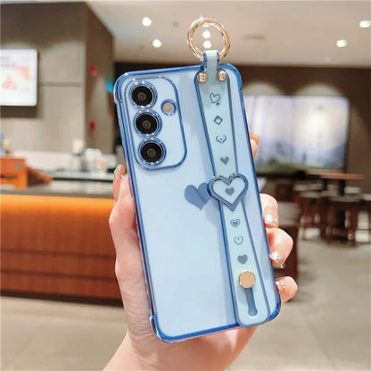 For Samsung Galaxy S24 Case TPU Phone Cover Electroplate Heart Design with Wristband