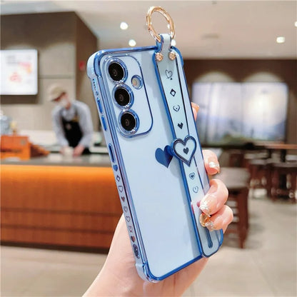 For Samsung Galaxy S24 Case TPU Phone Cover Electroplate Heart Design with Wristband