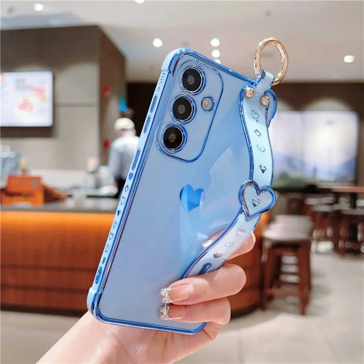For Samsung Galaxy S24 Case TPU Phone Cover Electroplate Heart Design with Wristband