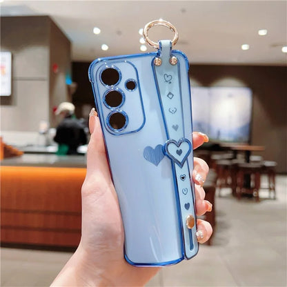 For Samsung Galaxy S24 Case TPU Phone Cover Electroplate Heart Design with Wristband