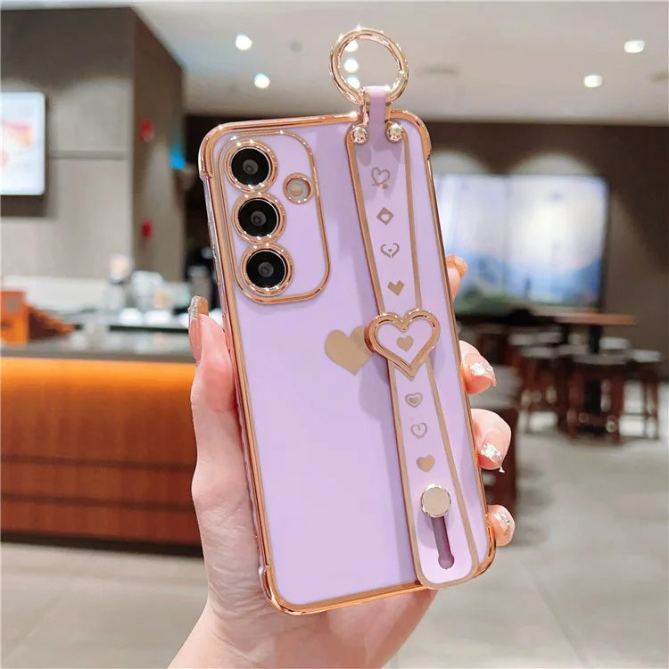 For Samsung Galaxy S24 Case TPU Phone Cover Electroplate Heart Design with Wristband