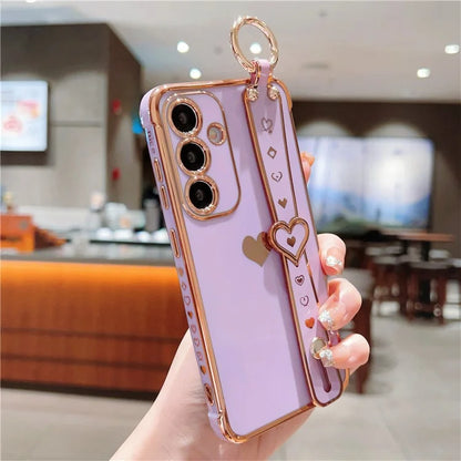 For Samsung Galaxy S24 Case TPU Phone Cover Electroplate Heart Design with Wristband