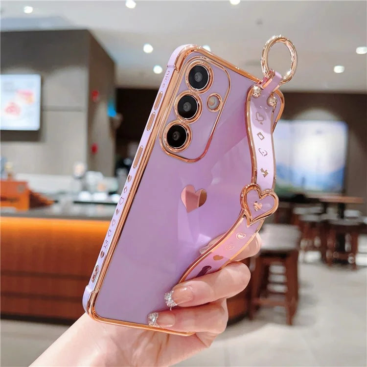 For Samsung Galaxy S24 Case TPU Phone Cover Electroplate Heart Design with Wristband