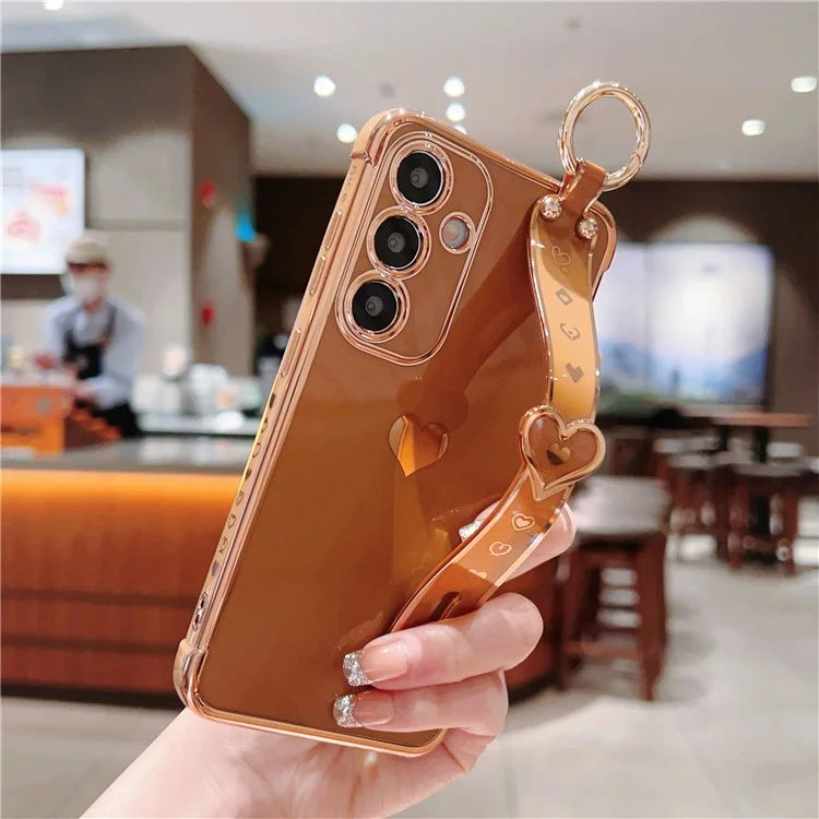 For Samsung Galaxy S24 Case TPU Phone Cover Electroplate Heart Design with Wristband