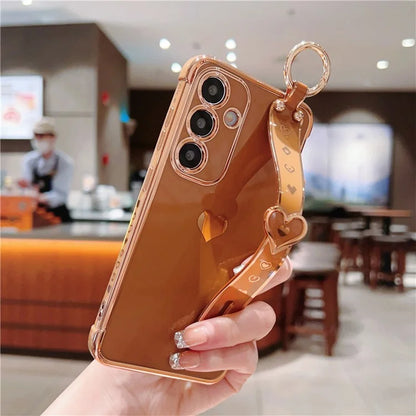 For Samsung Galaxy S24 Case TPU Phone Cover Electroplate Heart Design with Wristband