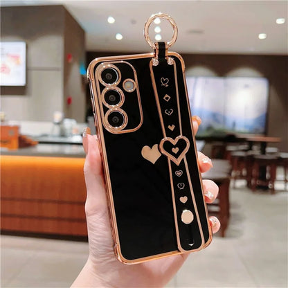 For Samsung Galaxy S24 Case TPU Phone Cover Electroplate Heart Design with Wristband