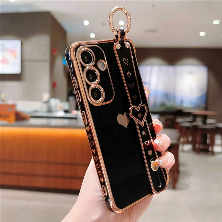 For Samsung Galaxy S24 Case TPU Phone Cover Electroplate Heart Design with Wristband