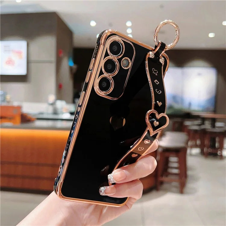 For Samsung Galaxy S24 Case TPU Phone Cover Electroplate Heart Design with Wristband