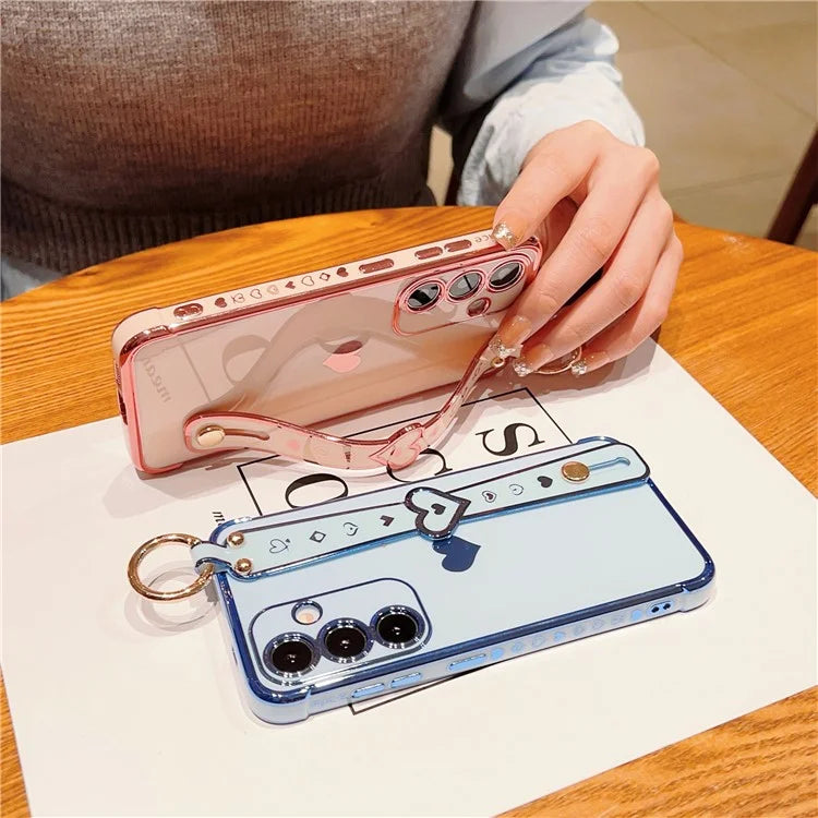 For Samsung Galaxy S24 Case TPU Phone Cover Electroplate Heart Design with Wristband